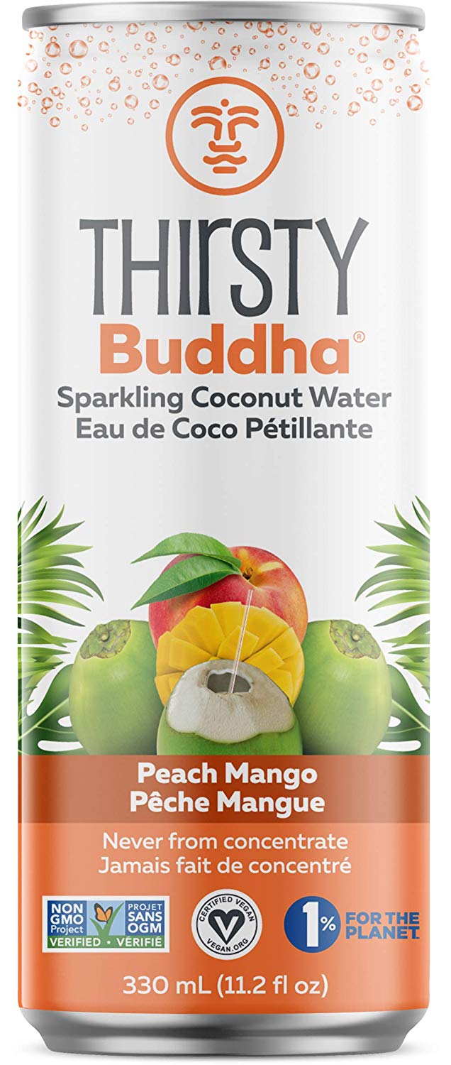Eau de noix de coco pétillante .- Pêche Mangue - Thirsty Buddha