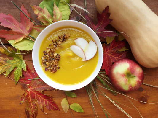 Vata Season Eats: Butternut-Apple Soup with Spiced Hazelnut Topping